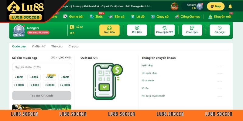 Có năm hình thức nạp tiền trên LU88